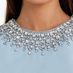 Mac Duggal Hand Embellished Rhinestone Neckline Column Dress Light Blue